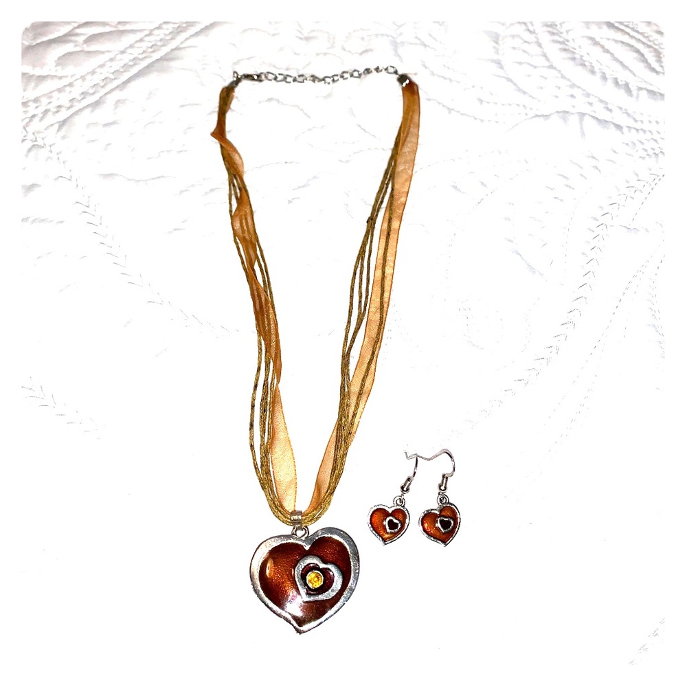 Cute silver and bronze heart necklace & earrings